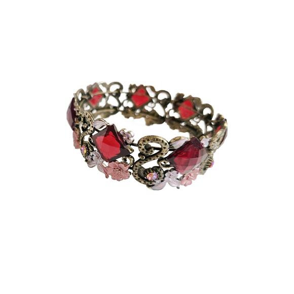 Vintage Red Floral Enamel & Glass Bracelet - Picture 2 of 10
